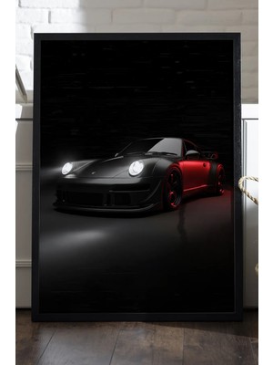 Duvarda Porsche 911 Siyah Ahşap Çerçeveli Poster, Dekoratif Araba Duvar Tablosu