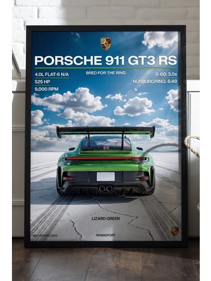 Duvarda Porsche 911 Gt3 Rs Siyah Ahşap Çerçeveli Poster, Dekoratif Araba Duvar Tablosu
