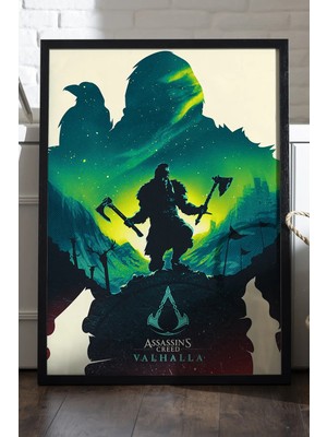 Duvarda Assassin's Creed Valhalla Siyah Ahşap Çerçeveli Poster, Dekoratif Oyun Duvar Tablosu