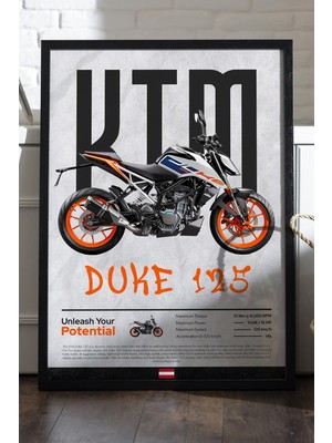 Duvarda Ktm Duke 125 Siyah Ahşap Çerçeveli Poster, Dekoratif Motosiklet Duvar Tablosu