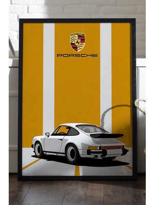 Duvarda Porsche 911 Siyah Ahşap Çerçeveli Poster, Dekoratif Araba Duvar Tablosu