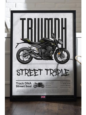 Duvarda Triump Street Triple Siyah Ahşap Çerçeveli Poster, Dekoratif Motosiklet Duvar Tablosu