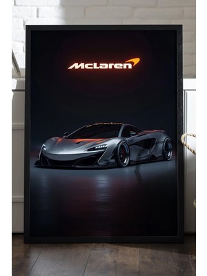 Duvarda Mclaren 570S Siyah Ahşap Çerçeveli Poster, Dekoratif Araba Duvar Tablosu
