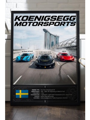 Duvarda Koenigsegg Motorsports Siyah Ahşap Çerçeveli Poster, Dekoratif Araba Duvar Tablosu