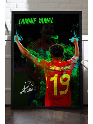 Duvarda Lamine Yamal Siyah Ahşap Çerçeveli Poster, Dekoratif Futbol Duvar Tablosu
