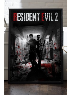 Duvarda Resident Evil 2 Siyah Ahşap Çerçeveli Poster, Dekoratif Oyun Duvar Tablosu