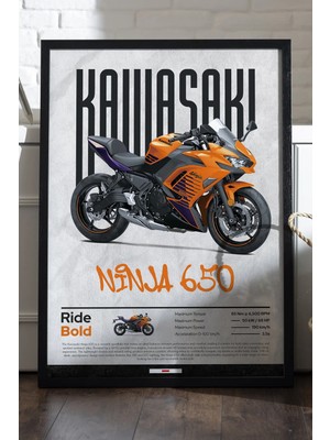 Duvarda Kawasaki Ninja 650 Siyah Ahşap Çerçeveli Poster, Dekoratif Motosiklet Duvar Tablosu