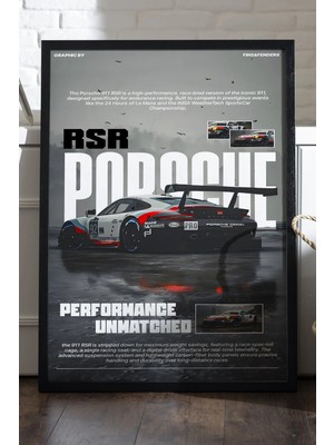 Duvarda Porsche 911 Rsr Siyah Ahşap Çerçeveli Poster, Dekoratif Araba Duvar Tablosu