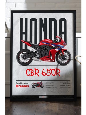 Duvarda Honda Cbr 650R Siyah Ahşap Çerçeveli Poster, Dekoratif Motosiklet Duvar Tablosu