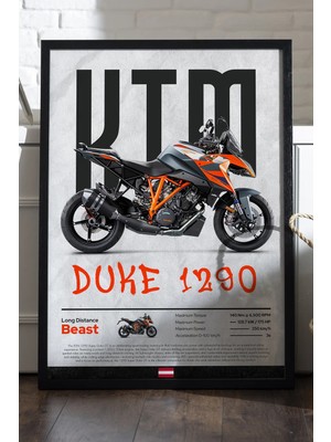 Duvarda Ktm Duke 1290 Siyah Ahşap Çerçeveli Poster, Dekoratif Motosiklet Duvar Tablosu