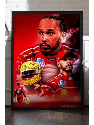 Duvarda Lewis Hamilton Siyah Ahşap Çerçeveli Poster, Dekoratif Formula 1 Duvar Tablosu
