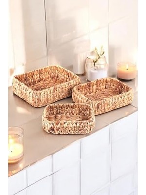 Yağmur Store Doğal El Yapımı, Kare Bombeli Düzenleyici 3'lü Hasır Sepet - 32CM-28CM-24CM 3 Boy Set