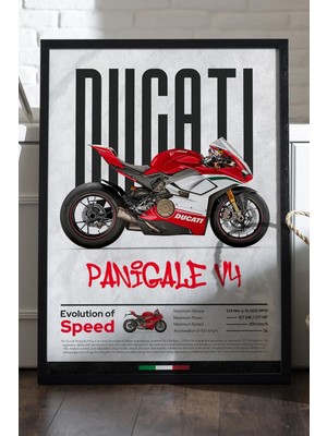 Duvarda Ducati Panigale V4 Siyah Ahşap Çerçeveli Poster, Dekoratif Motosiklet Duvar Tablosu