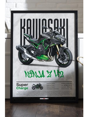 Duvarda Kawasaki Ninja Z H2 Siyah Ahşap Çerçeveli Poster, Dekoratif Motosiklet Duvar Tablosu