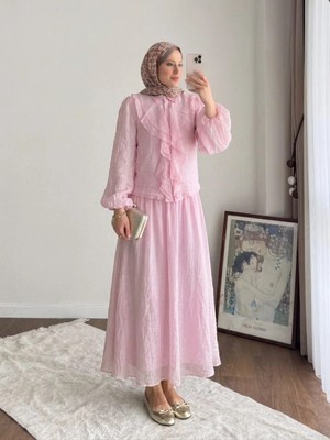 RFK Butik Kadın Ince Modal Önü Fırfırlı Etekli Tesettür Takım - Pembe