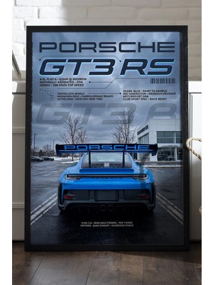 Duvarda Porsche Gt3 Rs Siyah Ahşap Çerçeveli Poster, Dekoratif Araba Duvar Tablosu
