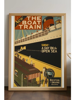 Duvarda Boat Train Doğal Ahşap Çerçeveli Poster, Dekoratif Seyahat Duvar Tablosu