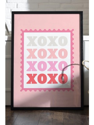 Duvarda Xoxo Ahşap Çerçeveli Poster, Dekoratif Pembe Duvar Tablosu