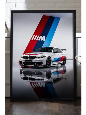 Duvarda Bmw M5 Araba Siyah Ahşap Çerçeveli Poster, Dekoratif Duvar Tablosu