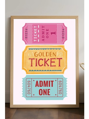 Duvarda Golden Ticket Ahşap Çerçeveli Poster, Dekoratif Hediyelik Duvar Tablosu