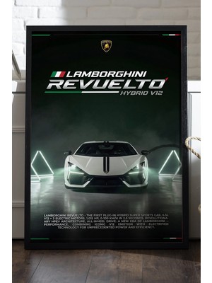 Duvarda Lamborghini Revuelto Siyah Ahşap Çerçeveli Poster, Dekoratif Araba Duvar Tablosu