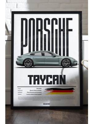 Duvarda Porsche Taycan Araba Siyah Ahşap Çerçeveli Poster, Dekoratif Duvar Tablosu