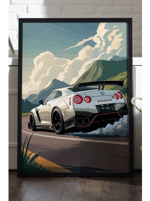 Duvarda Nissan Gtr Siyah Ahşap Çerçeveli Poster, Dekoratif Araba Duvar Tablosu