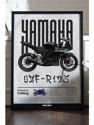 Duvarda Yamaha YZF-R125 Siyah Ahşap Çerçeveli Poster, Dekoratif Motosiklet Duvar Tablosu