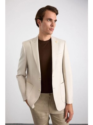 Süvari Bej Slim Mono Yaka Düz Poplin Torba Cep 6 Drop Klasik Ceket