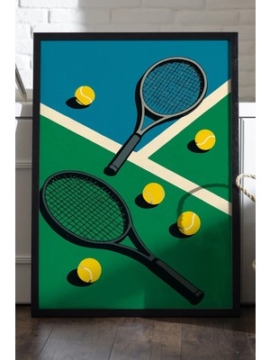 Duvarda Tenis Raketleri Siyah Ahşap Çerçeveli Poster, Dekoratif Tenis Duvar Tablosu