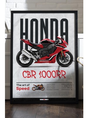 Duvarda Honda Cbr 1000RR Siyah Ahşap Çerçeveli Poster, Dekoratif Motosiklet Duvar Tablosu