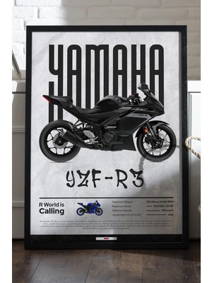 Duvarda Yamaha Yzf-R3 Siyah Ahşap Çerçeveli Poster, Dekoratif Motosiklet Duvar Tablosu
