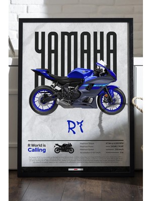 Duvarda Yamaha R7 Siyah Ahşap Çerçeveli Poster, Dekoratif Motosiklet Duvar Tablosu