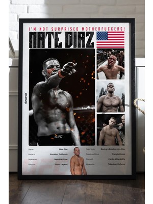 Duvarda Nate Diaz Ufc Siyah Ahşap Çerçeveli Poster, Dekoratif Dövüş Duvar Tablosu
