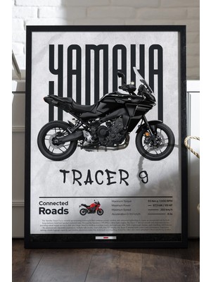 Duvarda Yamaha Tracer 9 Siyah Ahşap Çerçeveli Poster, Dekoratif Motosiklet Duvar Tablosu