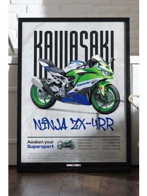 Duvarda Kawasaki Ninja Zx-4 Rr Siyah Ahşap Çerçeveli Poster, Dekoratif Motosiklet Duvar Tablosu