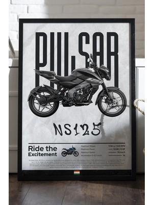 Duvarda Bajaj Pulsar Ns 125 Siyah Ahşap Çerçeveli Poster, Dekoratif Motosiklet Duvar Tablosu