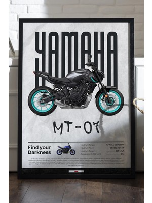 Duvarda Yamaha Mt-07 Siyah Ahşap Çerçeveli Poster, Dekoratif Motosiklet Duvar Tablosu