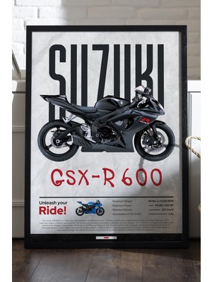 Duvarda Suzuki Gsx-R 600 Siyah Ahşap Çerçeveli Poster, Dekoratif Motosiklet Duvar Tablosu