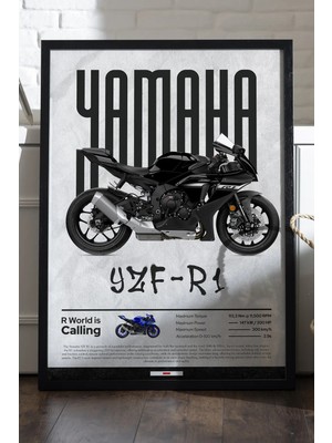 Duvarda Yamaha Yzf R1 Siyah Ahşap Çerçeveli Poster, Dekoratif Motosiklet Duvar Tablosu