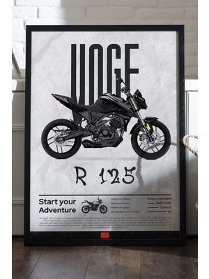 Duvarda Voge R 125 Siyah Ahşap Çerçeveli Poster, Dekoratif Motosiklet Duvar Tablosu