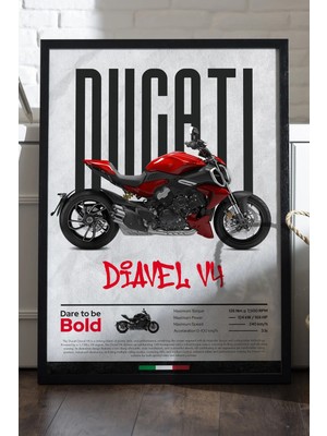 Duvarda Ducati Diavel V4 Siyah Ahşap Çerçeveli Poster, Dekoratif Motosiklet Duvar Tablosu