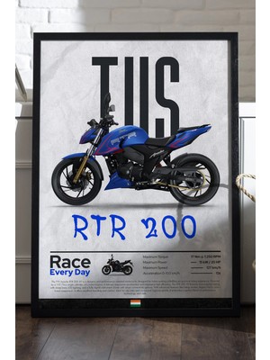 Duvarda Tvs Rtr 200 Siyah Ahşap Çerçeveli Poster, Dekoratif Motosiklet Duvar Tablosu