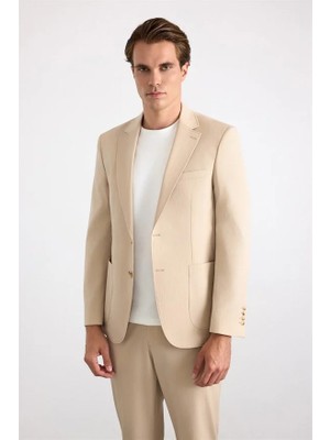 Süvari Bej Slim Mono Yaka Düz Torba Cep 6 Drop Takım Elbise