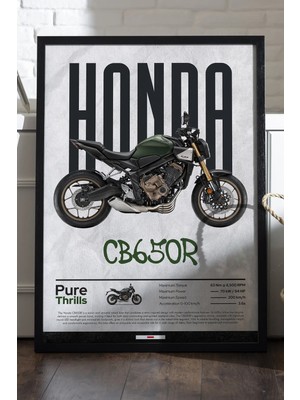 Duvarda Honda Cb 650R Siyah Ahşap Çerçeveli Poster, Motosiklet Duvar Tablosu