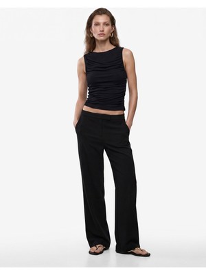 Koton Skinny Fit Bisiklet Yaka Drapeli Kolsuz Tül Bluz