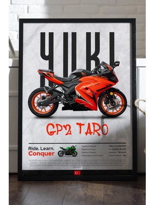 Duvarda Yuki Gp2 Taro Siyah Ahşap Çerçeveli Poster, Dekoratif Motosiklet Duvar Tablosu