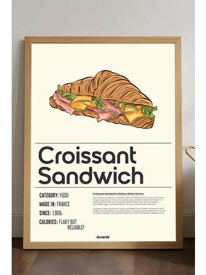 Duvarda Croissant Sandwich Ahşap Çerçeveli Poster, Dekoratif Mutfak Duvar Tablosu