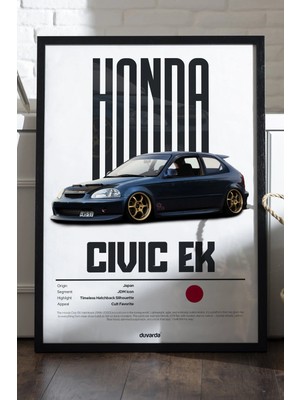 Duvarda Honda Civic Ek Araba Siyah Ahşap Çerçeveli Poster, Dekoratif Duvar Tablosu