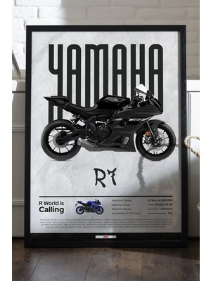 Duvarda Yamaha R7 Siyah Ahşap Çerçeveli Poster, Dekoratif Motosiklet Duvar Tablosu
